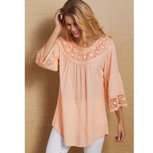Soft Surroundings Peach Bathurst Peasant Crochet Lace Top Lg